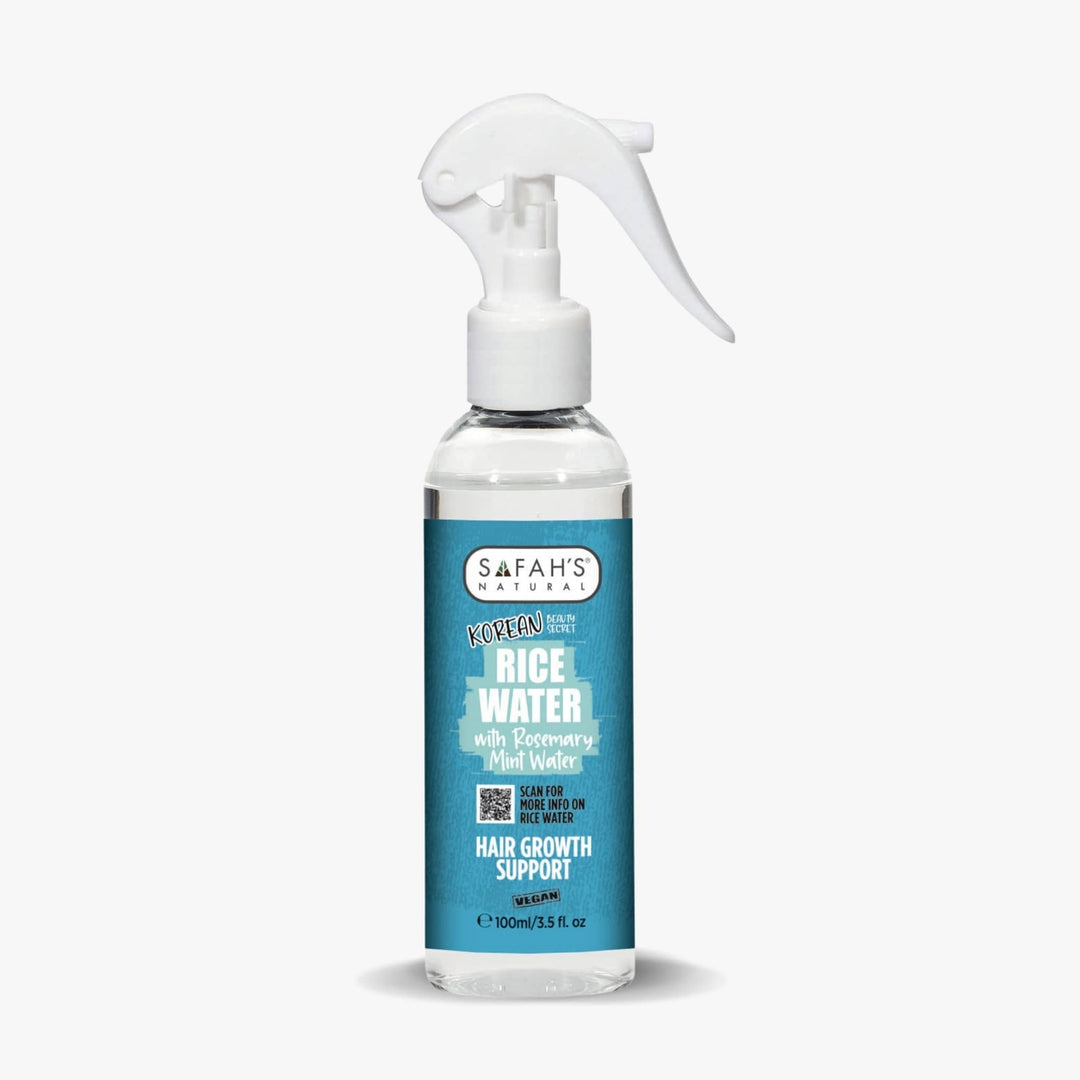Safah’s Natural Korean Rice Water with Rosemary Mint Water 100ml – Hair growth support spray enriched with Korean rice water and stimulating rosemary-mint blend.