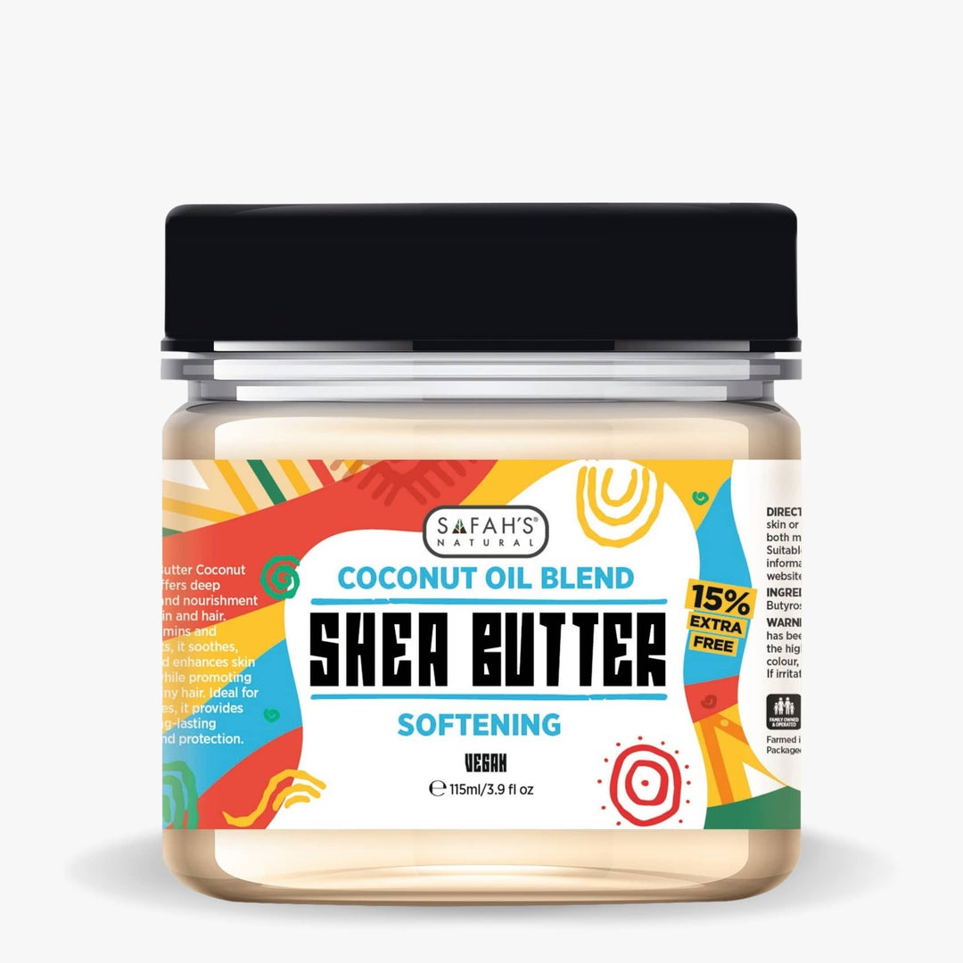 Safah’s Natural Coconut Oil Blend Shea Butter 100ml – Softening and deeply nourishing vegan body and hair butter with coconut oil.