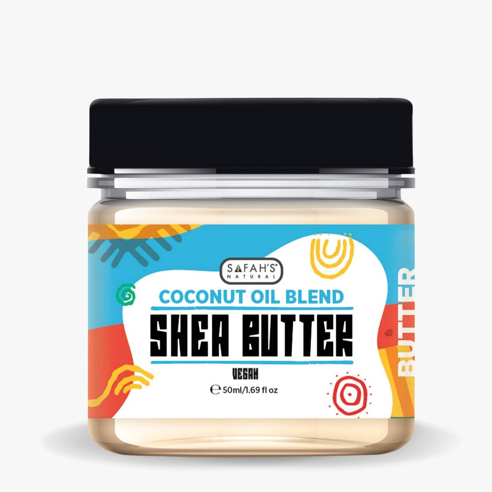 Safah’s Natural Coconut Oil Blend Shea Butter 50ml – Lightweight vegan formula for moisturizing and softening skin and hair.